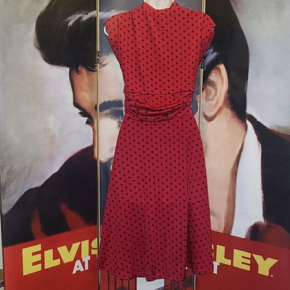 Lindy Bop Dottie Retro 1940's Red w Black Polka Dots Tea Dress w Tied Bow Collar - Picture 7 of 8
